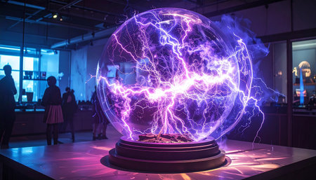 A plasma ball crackles with purple electrical energy in a room where silhouetted figures observe the phenomenon.の素材