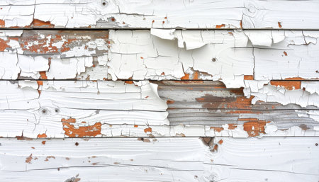Detailed view of horizontal wood planks with chipped and peeling white paint exposing orange-toned wood grain.の素材