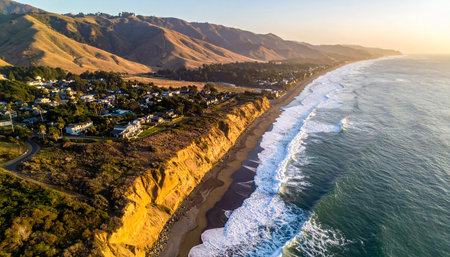 Aerial view of a coastal town with golden sunlight illuminating hills and the ocean at sunset.の素材