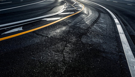 Close-up of an asphalt road surface showing tire marks, yellow and white lane lines.の素材