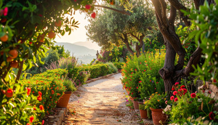 A sunlit garden path lined with potted flowers and lush greenery leads towards distant hills under a leafy canopy.の素材
