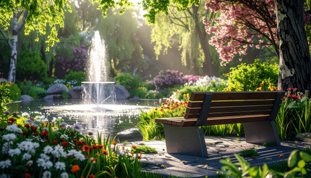 A wooden park bench is positioned near a pond with a fountain, framed by blooming flowers and trees in a sunlit garden.の素材
