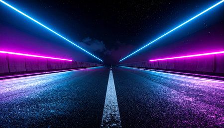 A dark, wet asphalt road is bordered by pink and blue neon lights, reflecting on the surface under a starry night sky.の素材