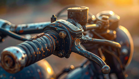 Close-up view of weathered vintage motorcycle handlebars showcasing rusty metal details and a textured grip.の素材