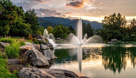 A large fountain display shoots water into a lake with rolling hills and a colorful sunset sky in the background.の素材