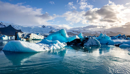 Various blue and white icebergs float in rippling turquoise water with mountains and clouds illuminated by golden light.の素材