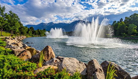 A wide park lake with several large water fountains spraying water, with mountains in the distance under a blue sky.の素材