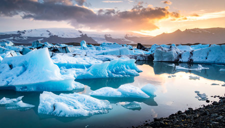 Light showing dramatic sunset clouds over blue icebergs in a glacial lagoon keywords: iceberg, ice, glacier, water,...の素材