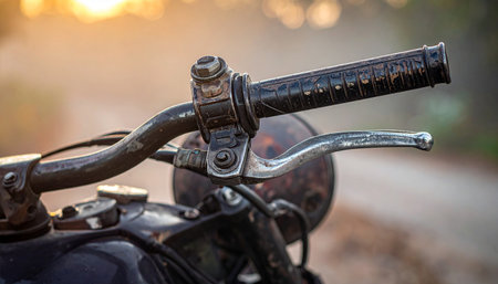 Detailed view of a vintage motorcycle handlebar featuring a worn black grip and chrome lever.の素材