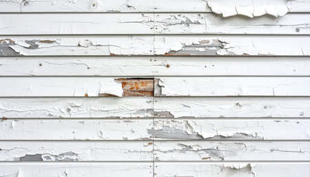 Horizontal wooden planks with peeling white paint and visible wood grain, showing a textured surfaceの素材