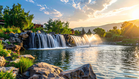 A cascading waterfall and multiple fountains sparkle in the golden light of a sunset over a tranquil lake.の素材