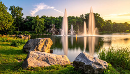 A lake with active water fountains bathed in the warm glow of a golden hour sunset.の素材