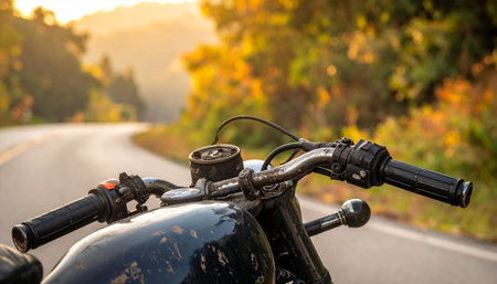 Close-up of weathered motorcycle handlebars with throttle and brake levers on a winding road at sunset.の素材