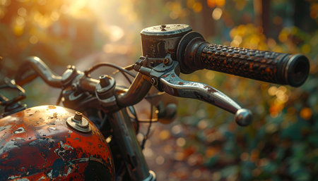 Old rusty motorcycle handlebars and fuel tank in warm autumn sunlight with a blurred bokeh backgroundの素材
