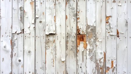 Vertical weathered wood planks with significant peeling white paint, revealing wood grain and knots.の素材