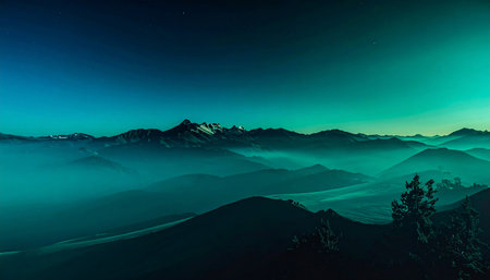 Misty mountain range under a dark teal twilight sky with distant stars and a hint of green auroraの素材