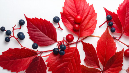 A close-up arrangement of bright red autumn leaves and dark blue berries on a white background.の素材
