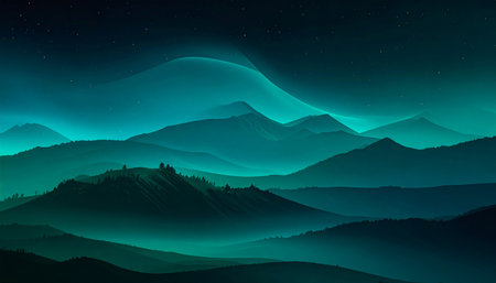 Layers of misty teal mountains fade into the distance under a starry night sky with a soft aurora glow.の素材