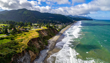 Aerial view of a rugged Pacific coastline with green cliffs, a coastal village, and ocean waves.の素材