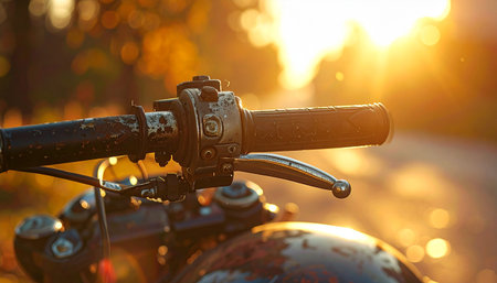 A vintage motorcycle handlebar and controls are highlighted by bright golden hour sunlight with a soft bokeh background.の素材