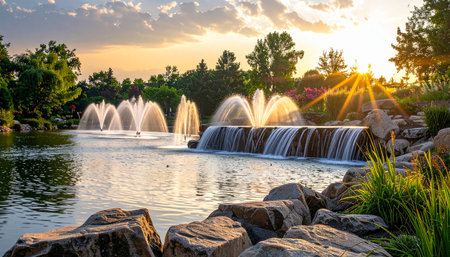 A serene park lake with a cascading waterfall and multiple water fountains illuminated by sunset light.の素材