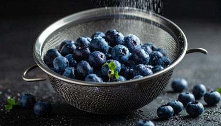 Sugar is being sprinkled onto fresh blueberries in a metal colander, with scattered berries and mint nearby.の素材