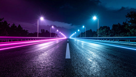 A wet asphalt road at night reflects vibrant purple and blue neon light streaks and streetlights.の素材
