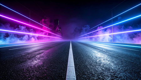 A wet asphalt road with pink and blue neon lights and swirling smoke under a dark night sky.の素材