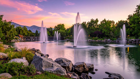 A park lake with several water fountains reflects a colorful sunset sky with mountains in the distance.の素材