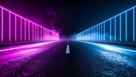 A wet asphalt road stretches into the distance, bordered by glowing pink and blue neon lights and wisps of smoke.の素材
