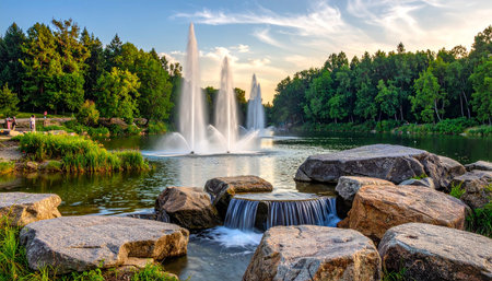 A park lake with tall water fountains and a small cascading waterfall is bordered by a rocky shoreline and trees.の素材