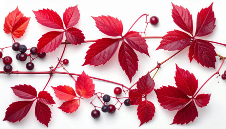 Red Virginia creeper leaves and dark blue berries arranged on a white background in autumn.の素材