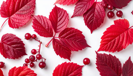 Numerous red Virginia creeper leaves and clusters of small red berries are arranged on a white surface.の素材