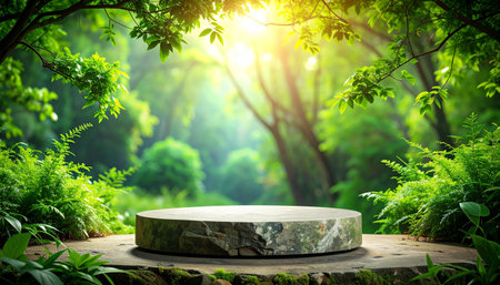 A circular stone podium is set in a sun-drenched forest, with green branches hanging overhead and sunbeams filtering...の素材