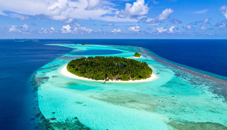 Aerial view of a lush green tropical island with white sand beaches surrounded by turquoise lagoon waters and coral...の素材