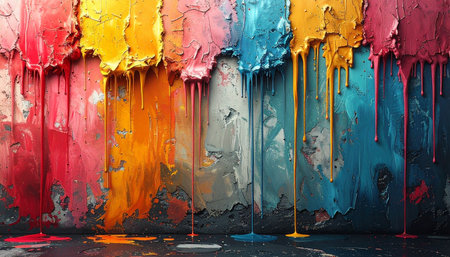 Abstract colorful paint drips on a textured, distressed concrete wall with a floor splattered with paintの素材
