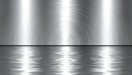 Brushed metal wall with a circular pattern reflected in a rippling water surface, creating a symmetrical effect.の素材