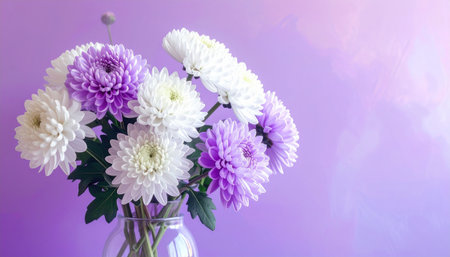 A bouquet of white and purple chrysanthemums in a glass vase against a soft purple background.の素材