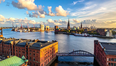 Panoramic view of Hamburg's bustling harbor with historic brick warehouses and industrial cranes under a dramatic sky.の素材