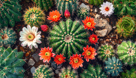 A vibrant collection of blooming cacti and succulents in various colors and shapes with rocks.の素材