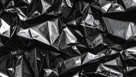 A close-up abstract view of a crumpled black foil surface with sharp highlights and deep shadows.の素材