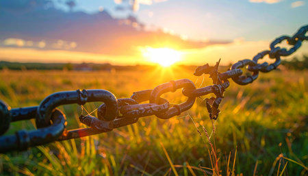 A close-up view of a broken chain link in a sunlit field during a vibrant sunset. Clear details and vibrant colors en...の素材