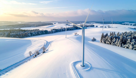 Aerial view of wind turbines standing in a vast snow-covered rural landscape during a winter sunset.の素材