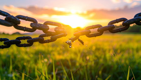 Metal chain links are breaking apart in a lush green field under a bright golden hour sunset.の素材