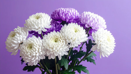 A detailed close-up showcases a full bouquet of white and purple chrysanthemums with green leaves on a lavender...の素材