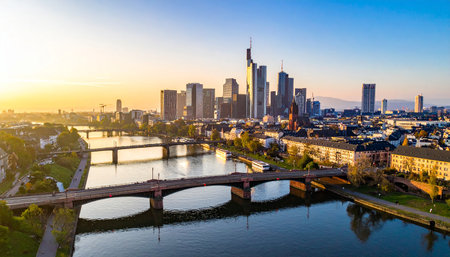 Aerial view of Frankfurt skyline and Main river with bridges during sunrise, clear sky.の素材