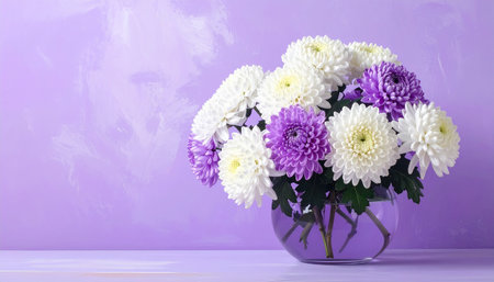 White and purple chrysanthemums are arranged in a round glass vase on a textured purple surface with copy space.の素材