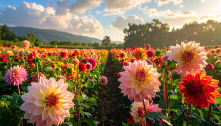 Close-up of pale pink and yellow dahlias in a field with a golden sunset and cloudsの素材