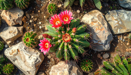 A cactus with vibrant bright pink flowers and red buds is surrounded by various rocks and other desert plants.の素材
