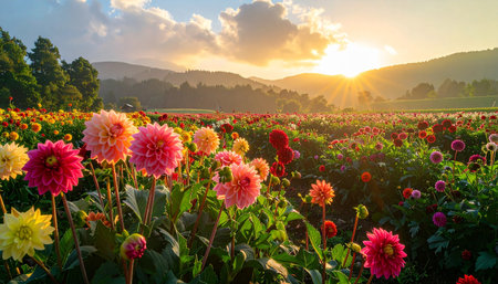 Close-up view of bright pink dahlia flowers in a field with sunset light and hillsの素材